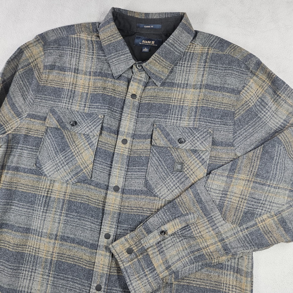 Roark Nordsman Light Flannel Mens L Long Sleeve Gray Plaid Lightweight Snap
